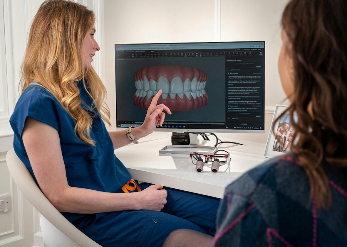Dentist reviewing 3D digital smile design with patient for All-on-4 dental implants in Miami